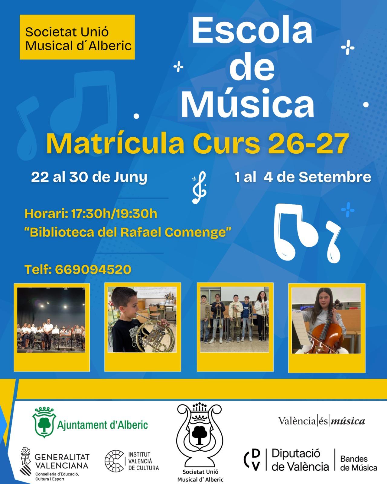Cartell de matrícula del curs 26-27 de l'Escola de Música