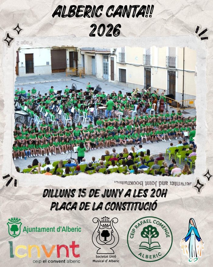Cartell d'Alberic Canta 2026, dilluns 15 de juny a les 20h a la Plaça de la Constitució